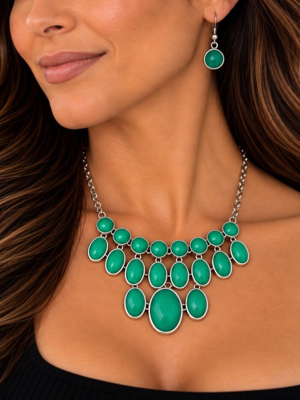 💎 Paparazzi Green Statement Necklace & Earrings Set Silver Tone Bib Jewelry NWT